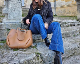 Abrigo Penny Lane Mujer Negro en Shearling – Hecho a Mano, Ante Afgano Vintage 70s, Boho Medio, Regalo Invierno