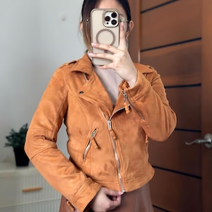 Womens Handmade 90s Style Vintage Brown Suede Leather Biker Jacket Soft Leather Moto Western Style Perfect And Cozy gift
