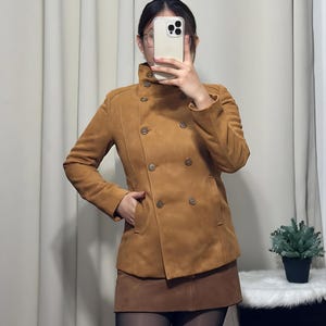 Women&#39;s Brown Suede Leather Blazer Coat – Double Breasted Vintage Western Style | Genuine Suede Formal Blazer | Perfect Present for Her