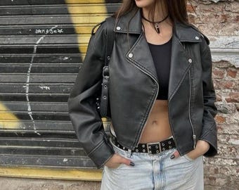 Handmade Black Sheepskin Leather Biker Jacket, Cropped Motorcycle Coat