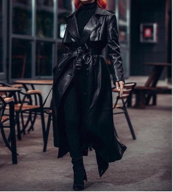 Handmade Black Sheepskin Leather Trench Coat: 90s Gothic Overcoat