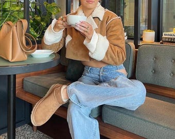 Handmade Women's 90s Style Brown Suede Bomber Jacket Vintage Y2K  Short Body Shearling Fur Coat  Warm Winter Outerwear Perfect Gift For Her