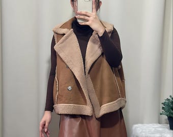 Handmade Shearling Suede Vest: 1990s Boho Sheepskin Gilet