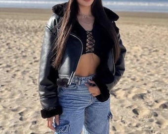 Handmade Black Shearling B3 Bomber Jacket: Real Sheepskin Leather Aviator Coat