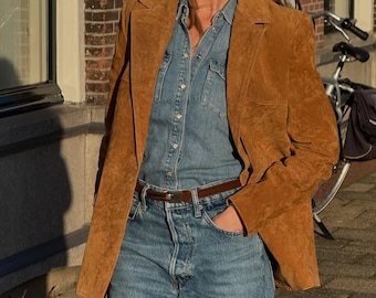 Vintage Brown Suede Leather Blazer: Women's Western Style Jacket, 90s Style Outerwear Christmas Gift for Her