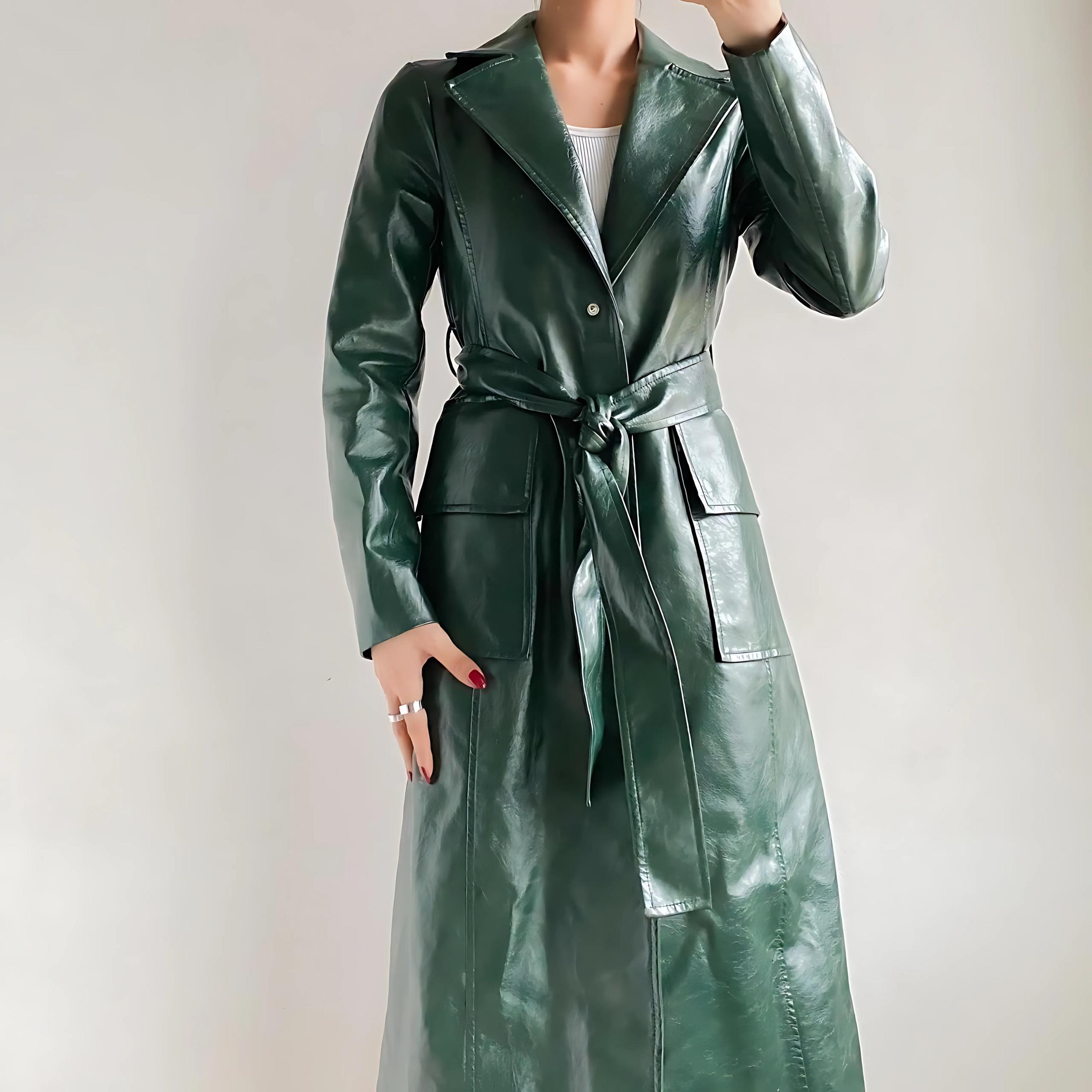 ジャケット・アウター Mods Italiana 90s Leather Trench Coat Womens Leather Trench Coat Green M-L-XL? Long SOFT Lambskin