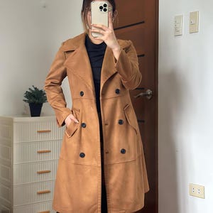 Vintage 70s Brown Suede Leather Double-Breasted Trench Coat – Real Leather Long Winter Coat for Women | Soft Suede Outerwear & Gift for Her