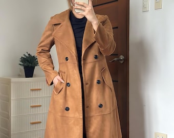 Vintage 70s Brown Suede Leather Trench Coat: Double-Breasted Winter Outerwear