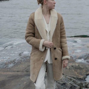 Vintage 70s Shearling Coat: Tan Suede Boho Winter Jacket