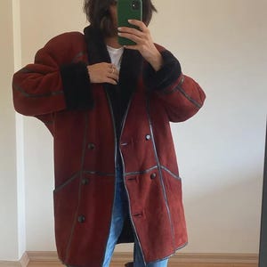 Vintage Burgundy Penny Lane Coat | Oxblood Suede Shearling Afghan Jacket | 80s Boho Fur Trim Double Breasted Winter Overcoat Gifts for Her