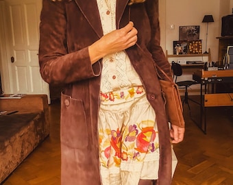 Women’s Vintage 90s Style Dark Brown Suede Leather Trench Coat – Handmade Long Western Style Outerwear, Classic Winter Coat Gift for Her