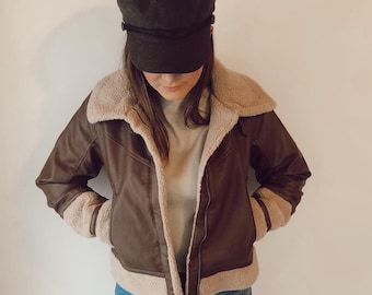 Brown Shearling Sheepskin Leather Bomber Jacket | Women's Aviator Flight Coat