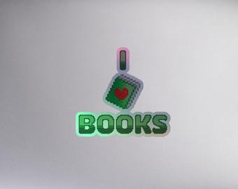 I Heart Books Holographic Sticker: Retro 90s Pixel Art Vinyl