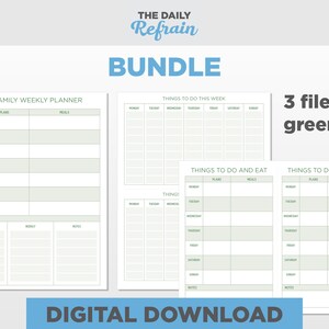 Op de afbeelding: Een digitale downloadbundel met printbare planners. De afbeelding toont drie bestanden: een gezinsweekplanner, een wekelijkse takenlijst en twee taken- en eetlijsten. De tekst bevat "Bundle" en "Digitale download."