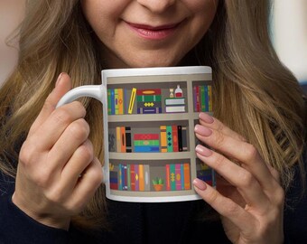 Bookful Coffee Mug: Librarian Gift with Colorful Bookshelf