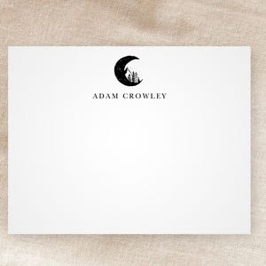 Aangepaste notitiekaarten wassende maan | Gepersonaliseerde briefpapier | Zwarte lijntekeningen | Nachtelijke hemel | Boskern | Grillig | Minimalistisch | Enveloppen