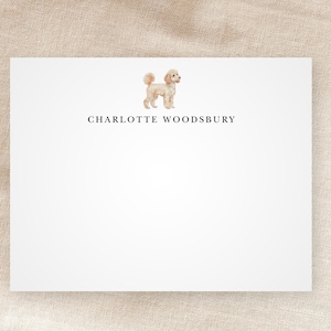 May include: White stationery card with a watercolor illustration of a poodle and the text "CHARLOTTE WOODSBURY" printed in black.