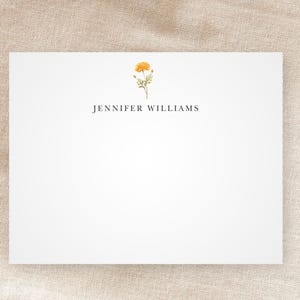 Cartes de correspondance personnalisées fleur de souci | Papeterie personnalisée | Anniversaire d'octobre | Noyau de jardin enchanté | Fantastique | Minimaliste | Enveloppes