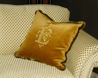 embroidery monogram pillow luxury gold velvet metallic gold silk brush fringe embroidered monogram living room bedroom