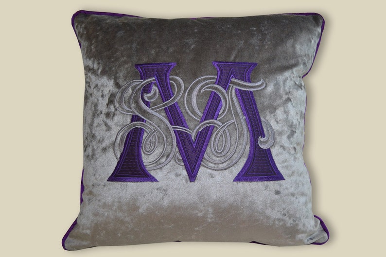 Monogram pillow applique silk velvet purple grey throw pillow Etsy