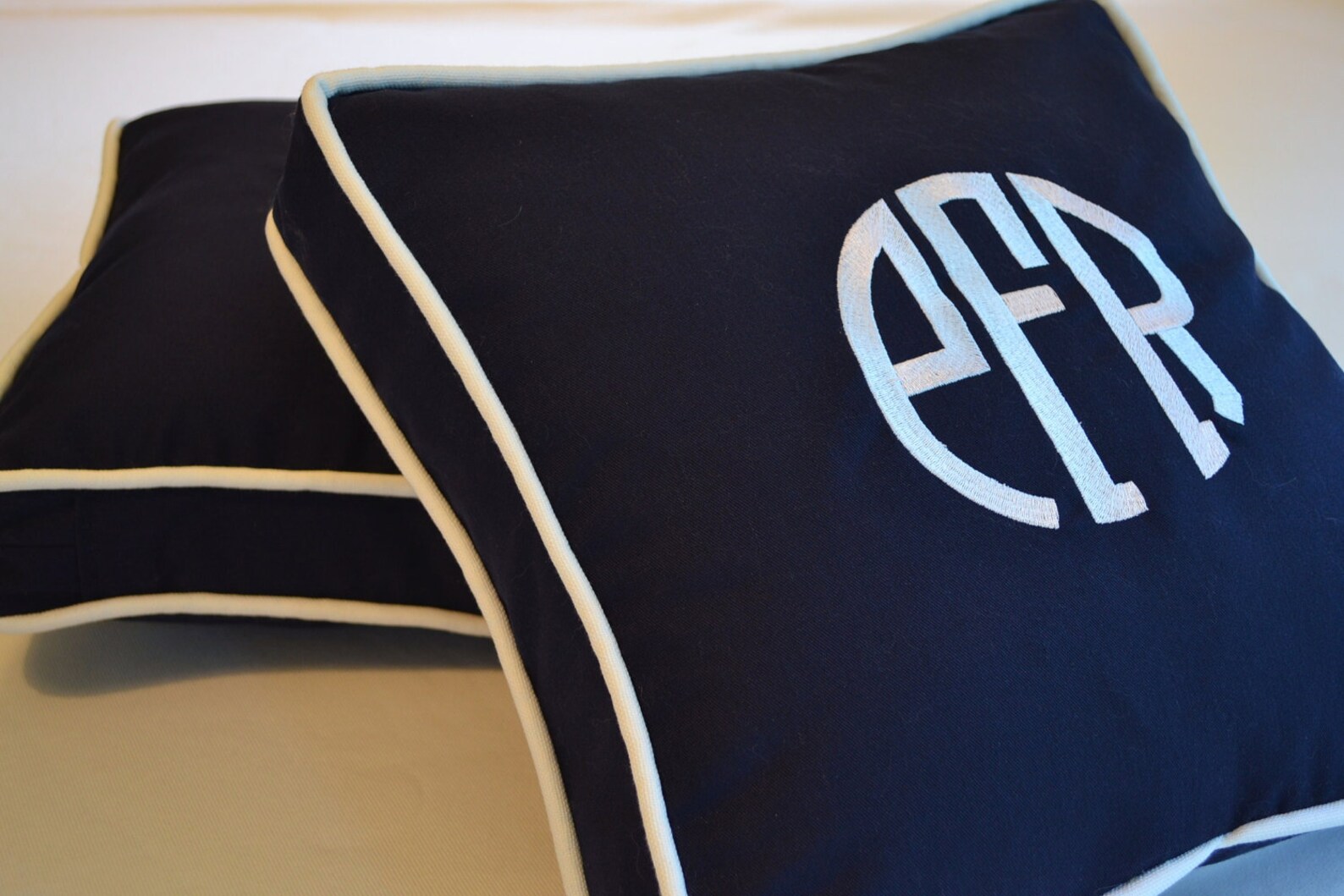 Custom Embroidery Monogram Pillow Navy Blue Sunbrella White Etsy