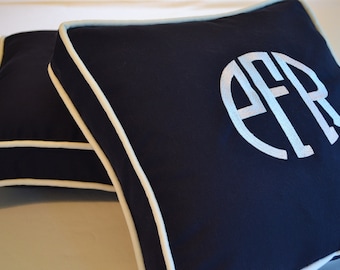 custom embroidery monogram pillow navy blue sunbrella white ahoy boat nautical sunbrella cotton home nursery