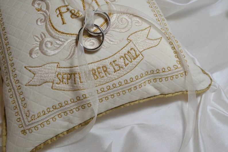Embroidered Ring Pillow Anniversary Monogram Cream Gold Custom Etsy