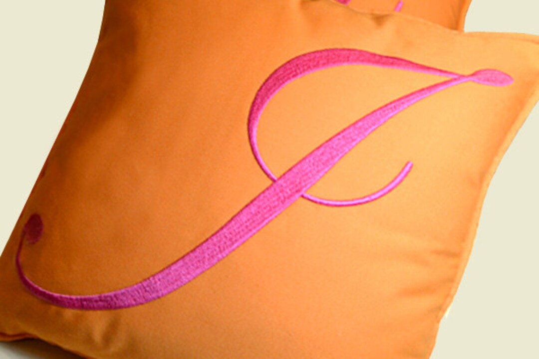 Embroidery Monogram Pillow Orange Sunbrella Indoor Outdoor Linen Cotton