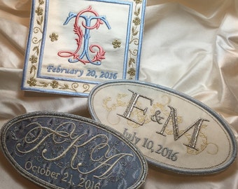 wedding dress label custom embroidered french silk blue paisley metallic silver thread his or hers wedding shower monogram