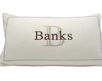 custom lumbar pillow embroidered linen chocolate brown grey sunbrella cotton twill