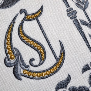 Draper Monogram Pagoda Embroidery Pillow White Linen Charcoal Metallic Gold Exclusive ...