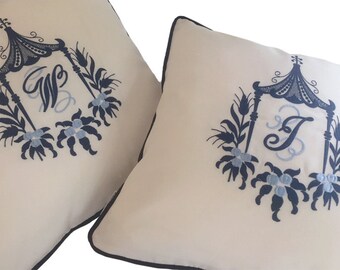 embroidery pillow pagoda blue pagoda chinese navy blue monogram pagoda chinoisserie white sunbrella pagoda outdoor indoor luxe any color