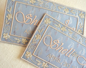 wedding dress label something blue custom embroidered  french blue silk paisley rose champagne metallic silver stitching monogram