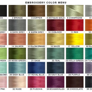 May include: Embroidery color menu with 36 different thread colors, labeled with numbers and names. The colors are arranged in rows of six, with the first row being black, bronze, copper, antique gold, champagne, and white. The second row is light grey, dark grey, warm grey, oxblood, red, and orange. The third row is tea rose, salmon, yellow orange, maize, yellow, and yellow green. The fourth row is lime green, moss green, sage, teal, kelly green, and turquoise. The fifth row is baby turquoise, baby blue, royal blue, navy blue, purple, and lavender. The sixth row is light pink, nude, fuchsia, bougainvillea, chocolate, and charcoal.