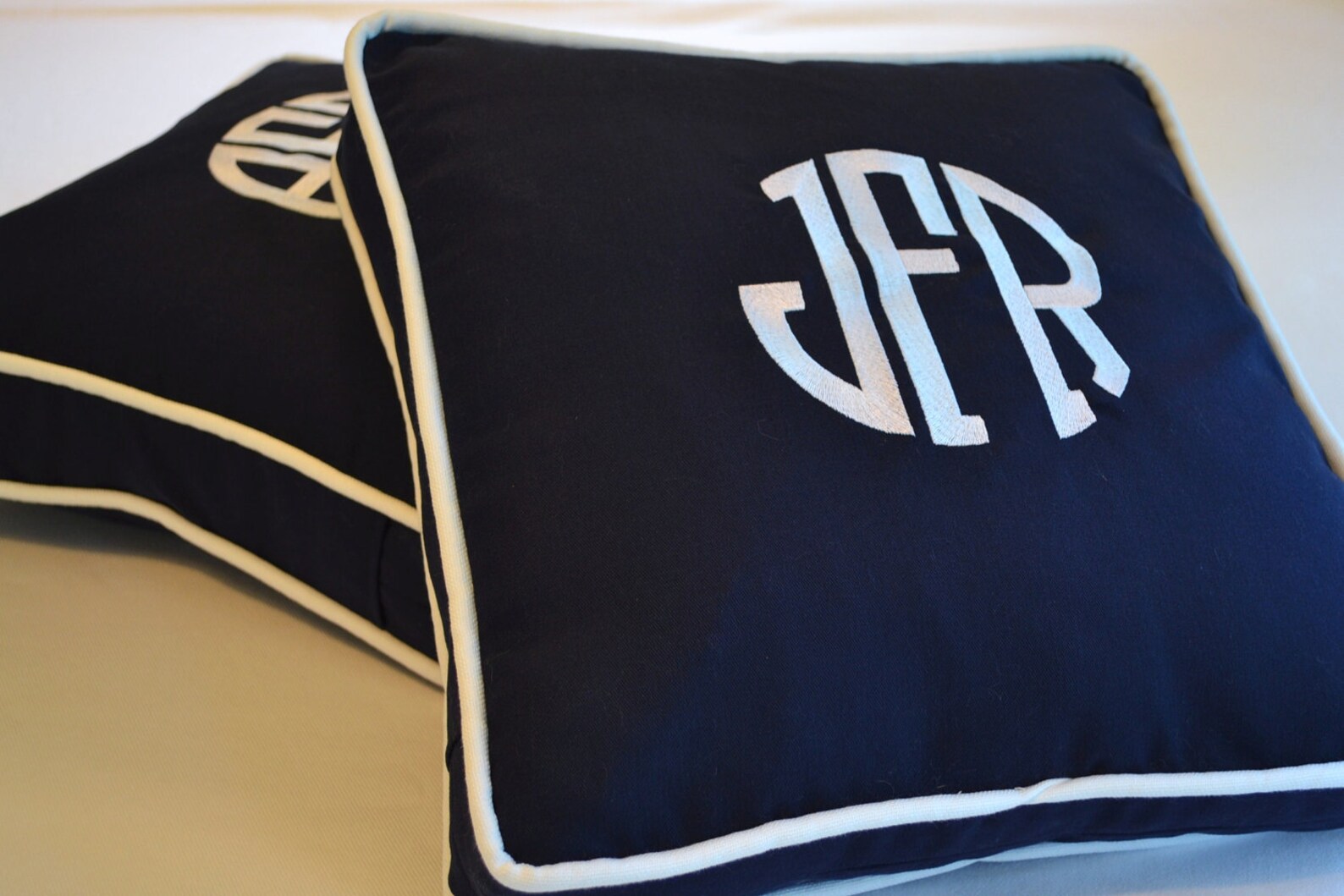 Custom Embroidery Monogram Pillow Navy Blue Sunbrella White Etsy