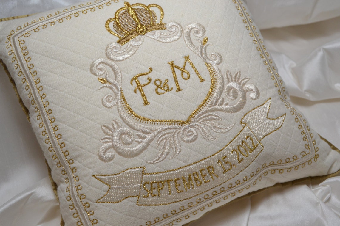Embroidered Ring Pillow Anniversary Monogram Cream Gold Custom Etsy