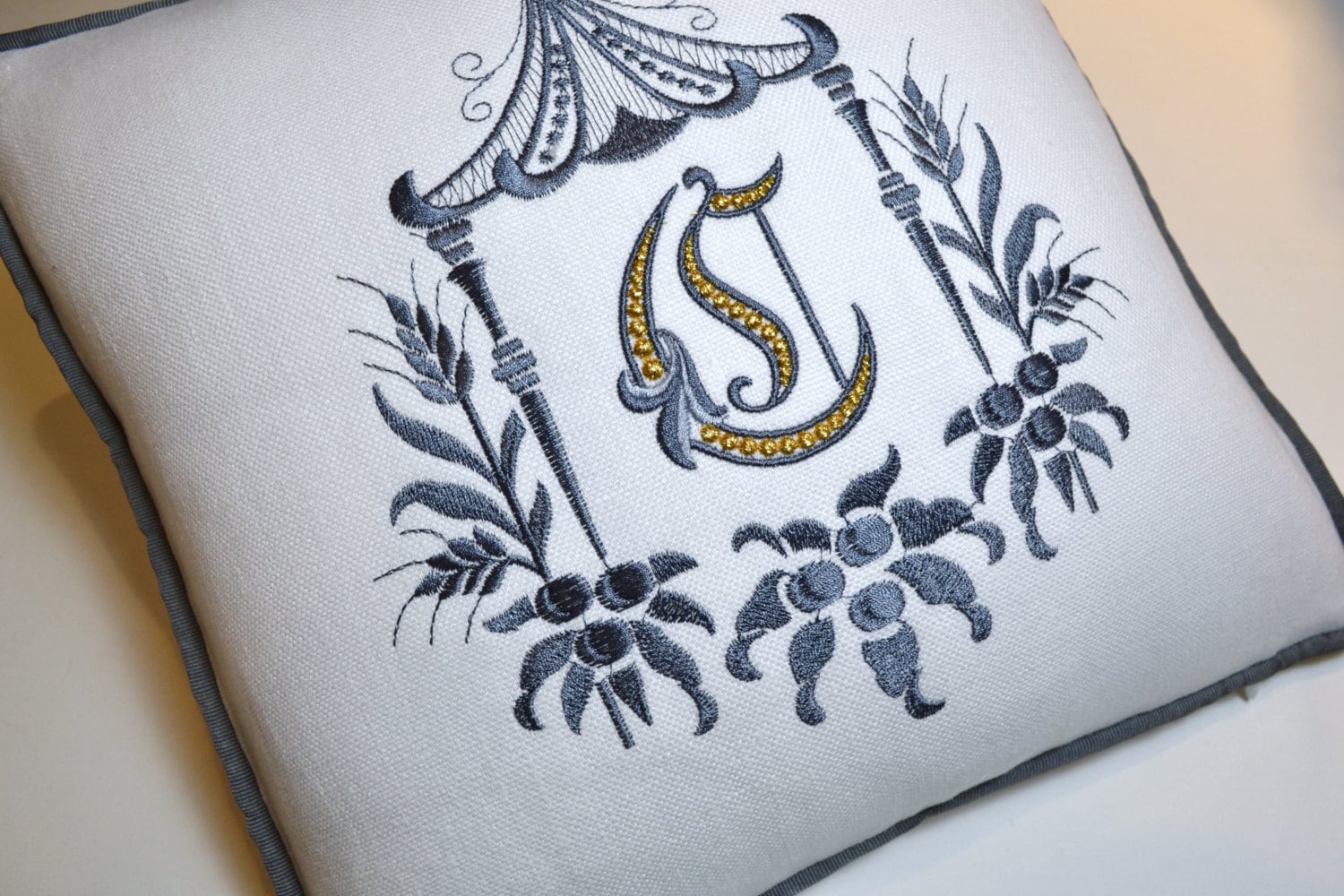 Draper Monogram Pagoda Embroidery Pillow White Linen Charcoal Metallic Gold Exclusive ...