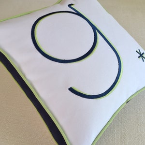 custom embroidered monogram pillow bedroom patio living room cotton twill white sunbrella navy celery green boat nautical children nursery