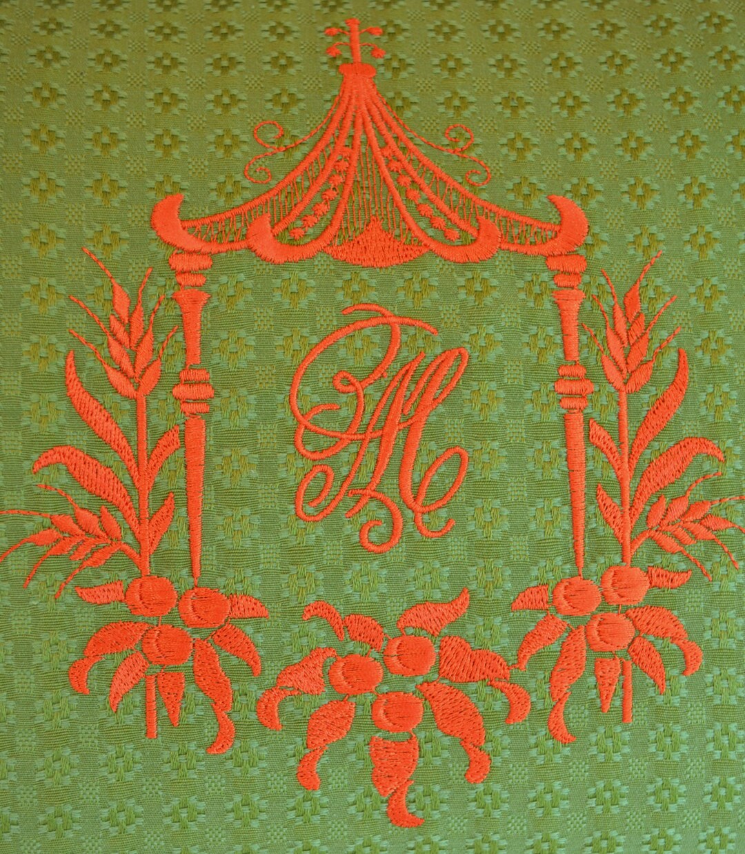 Draper Monogram Avocado Green Mandarin Red Exclusive Pagoda Monogram Embroidery HOMAGE ...