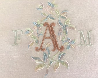 embroidery three letters monogram silk blend pillow botanical floral bedroom living room nursery wedding anniversary