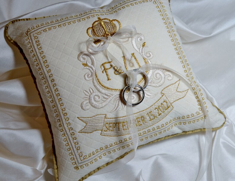 Download Embroidered ring pillow anniversary monogram cream gold ...