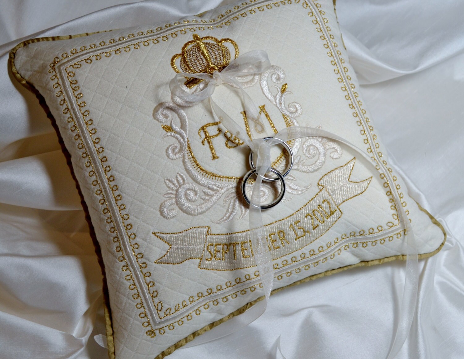 Embroidered Ring Pillow Anniversary Monogram Cream Gold Custom Etsy