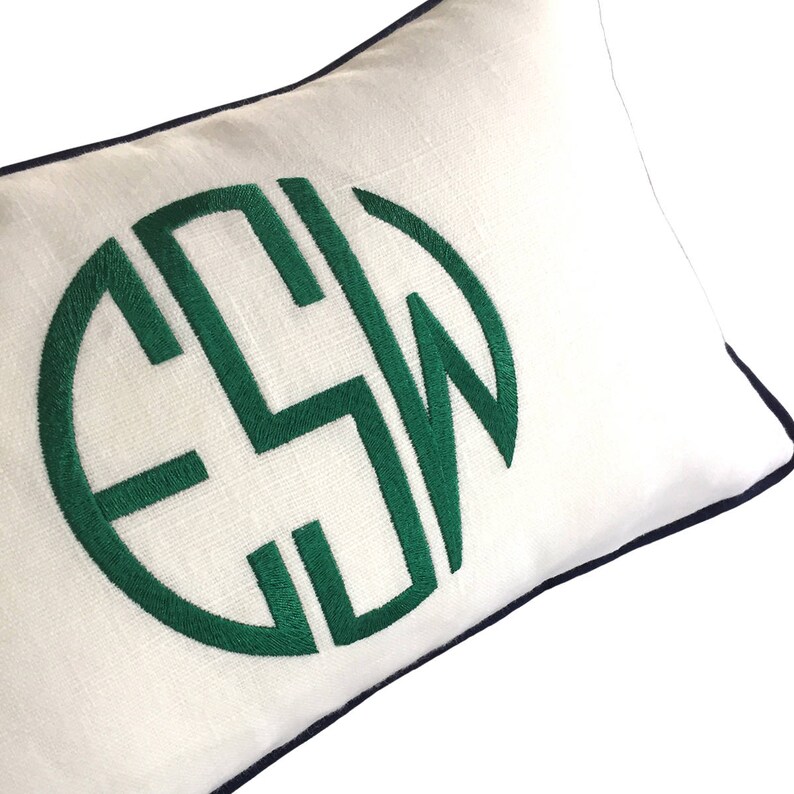 Custom Embroidered Monogram Pillow White Linen Green Etsy