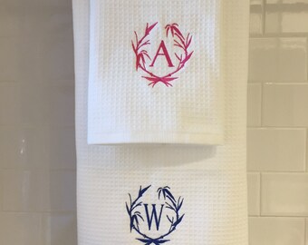 white cotton towels embroidered bamboo monogram chinoisserie