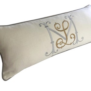 lumbar linen monogram embroidery extra large custom pillow grey bronze sunbrella