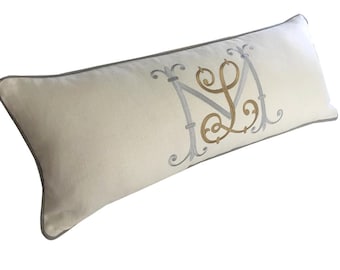 lumbar linen monogram embroidery extra large custom pillow grey bronze sunbrella