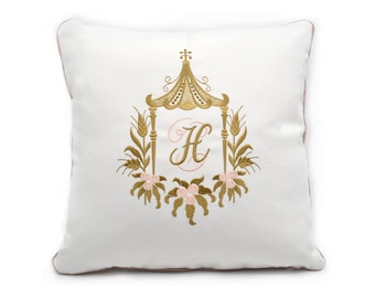 embroidery pillow pagoda blue pagoda Chinese pink gold monogram pagoda chinoiserie white Sunbrella pagoda outdoor indoor luxe any color