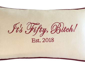 lumbar pillow embroidery birthday anniversary fifty bitch linen