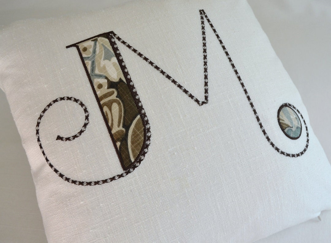 Enbroidered Applique Monogram Pillow White Linen Pink Custom Design ...