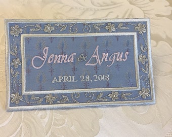 wedding dress label something blue custom embroidered french blue luxurious silk paisley rose champagne metallic silver stitching
